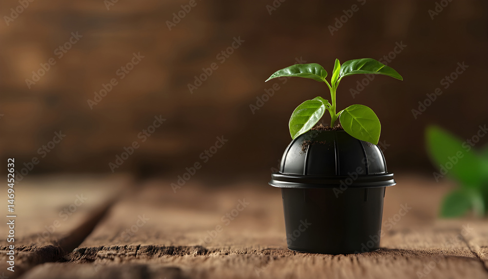 Green seedling growing in coffee capsule on wooden table, closeup. Space for text