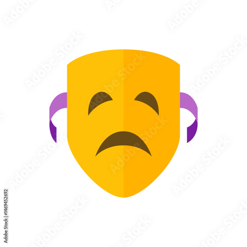 Illustration of a yellow drama mask with a sad expression and purple ribbons on the sides of the mask face