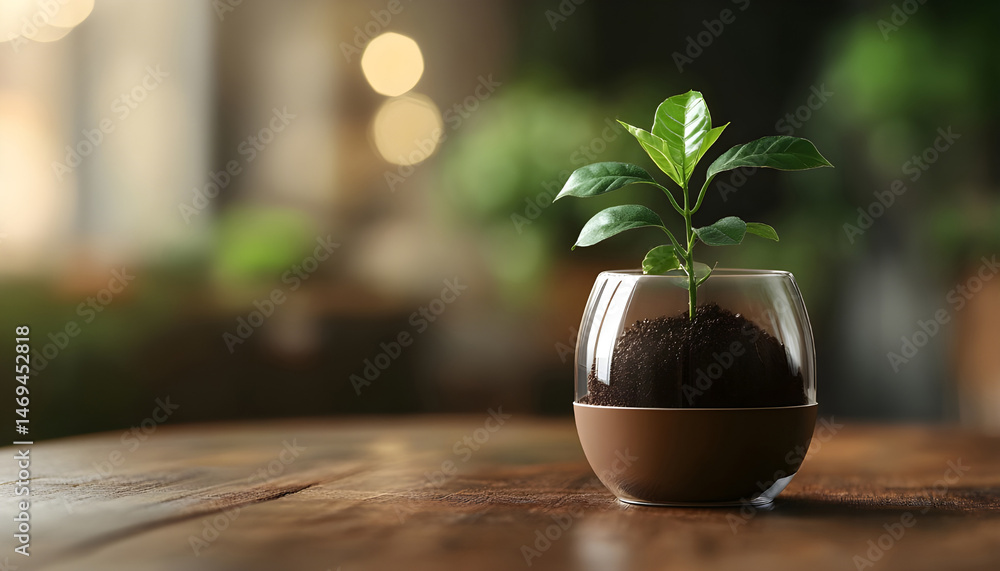 Green seedling growing in coffee capsule on wooden table, closeup. Space for text