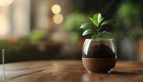 Obraz na płótnie Green seedling growing in coffee capsule on wooden table, closeup. Space for text w salonie