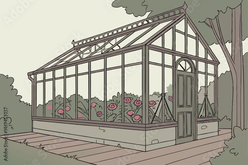 27 glass greenhouse with metal frame, filled with lush plants and colorful flowers, surrounded by wooden deck or patio, natural lighting pouring in, detailed architectural structure, photorealistic, h