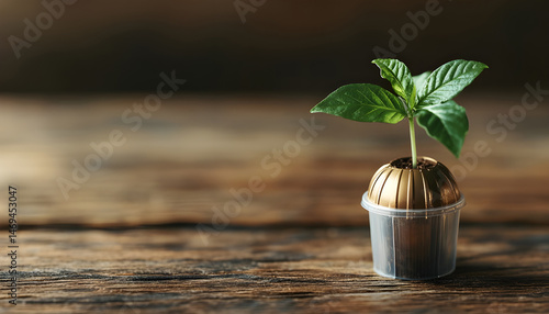 Green seedling growing in coffee capsule on wooden table, closeup. Space for text