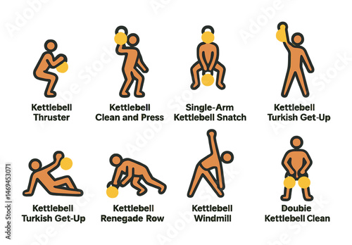 Kettlebell workout icons set – filled, silhouette, fitness and exercise symbols