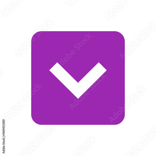 White downward pointing arrow inside a rounded purple square shape on a white background in simple style