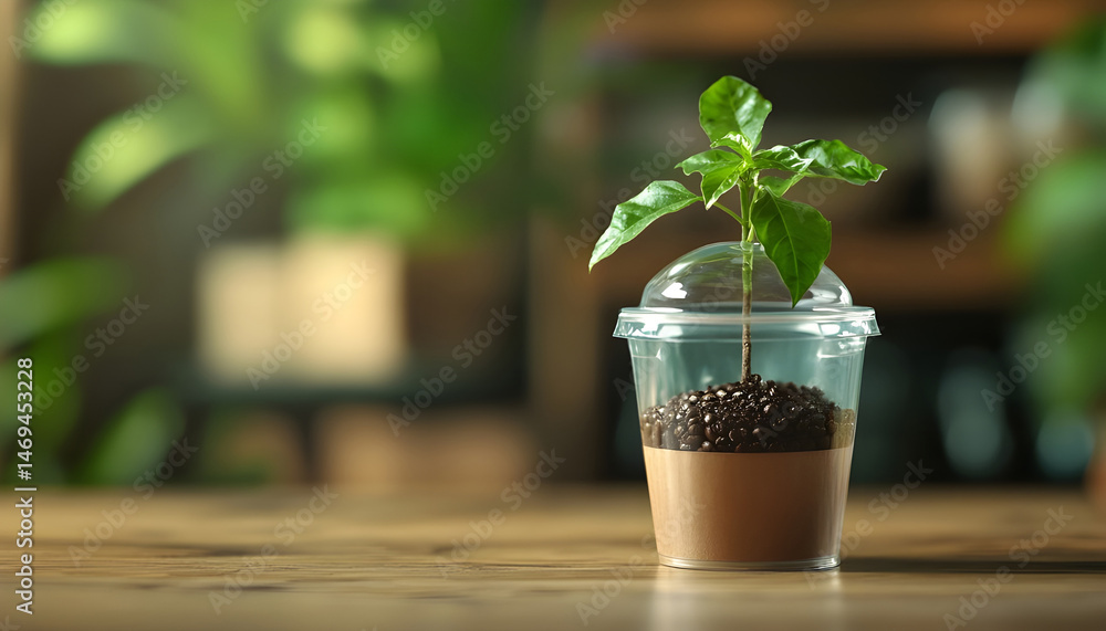 Green seedling growing in coffee capsule on wooden table, closeup. Space for text