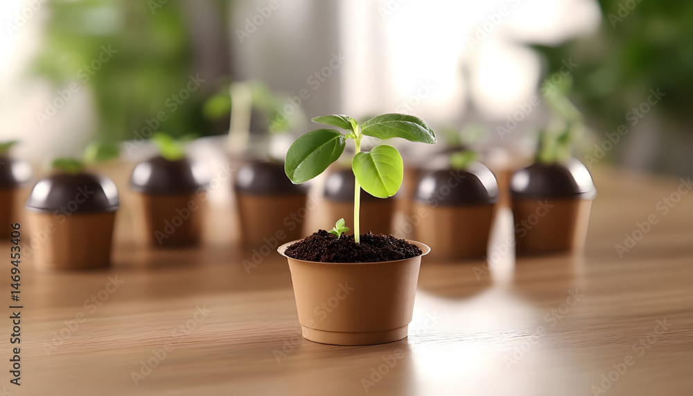 Green seedling growing in coffee capsule on wooden table, closeup. Space for text