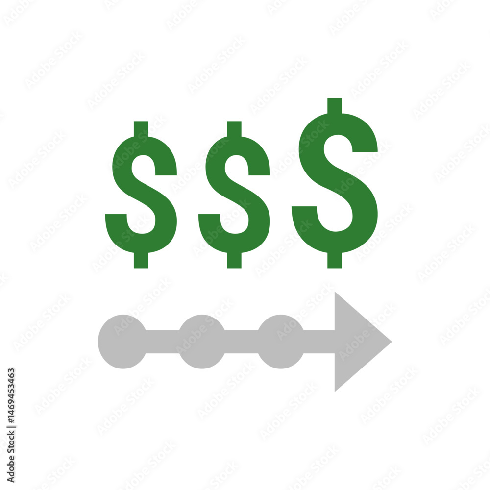 Obraz premium Three green dollar signs above a gray arrow composed of circles and a triangle pointing rightward flow