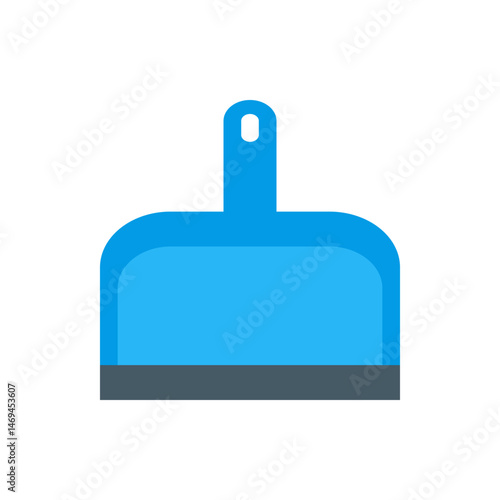 Illustration of a blue dustpan with a gray bottom and handle featuring a hole for hanging up the tool