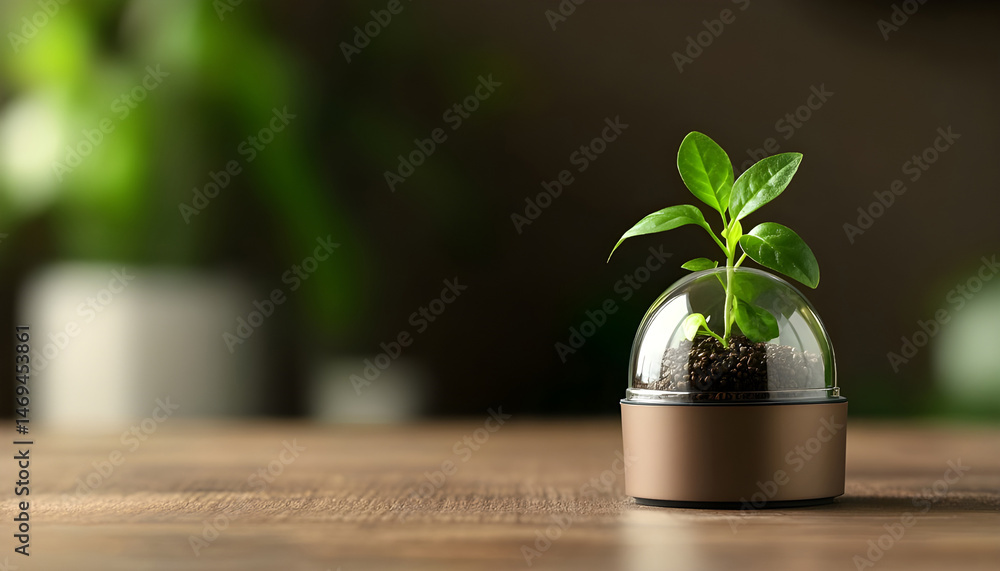 Green seedling growing in coffee capsule on wooden table, closeup. Space for text