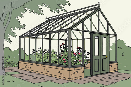 27 glass greenhouse with metal frame, filled with lush plants and colorful flowers, surrounded by wooden deck or patio, natural lighting pouring in, detailed architectural structure, photorealistic, h