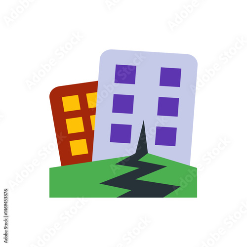 Illustration of two buildings on a cracked ground, one brown and one light blue with purple windows and green grass