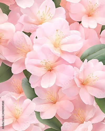 A close-up of delicate pink flowers with green leaves in the background, creating a beautiful and vibrant floral pattern