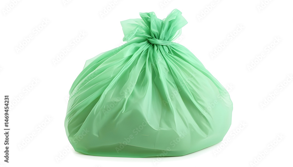 Green plastic garbage bag isolated on white