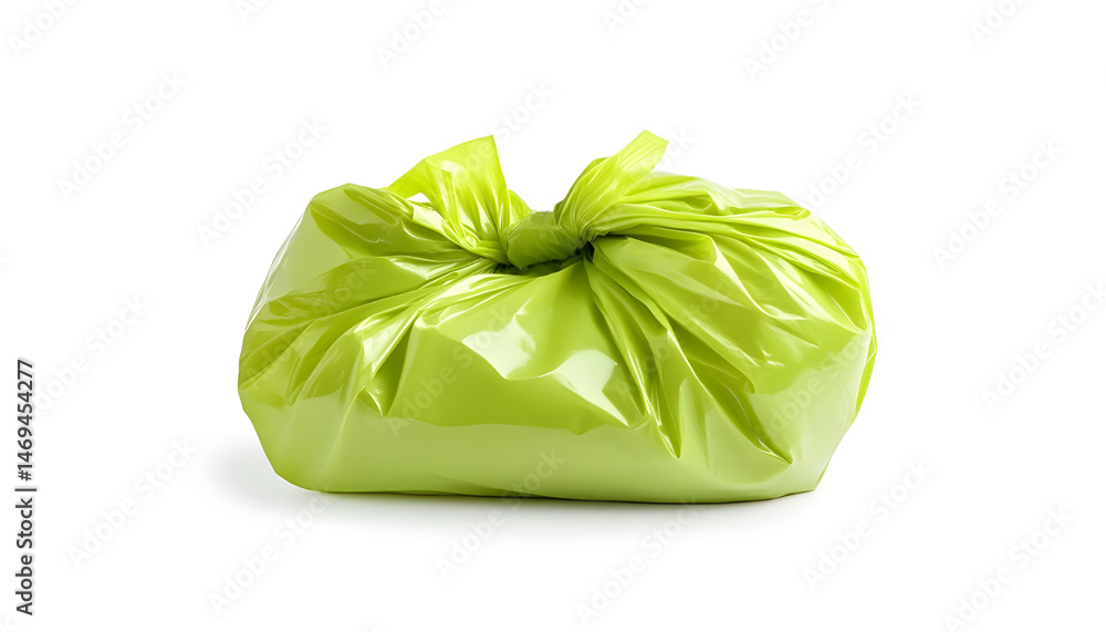Green plastic garbage bag isolated on white