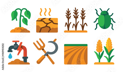 Agriculture and farming icon set – flat, filled, crops and gardening symbols