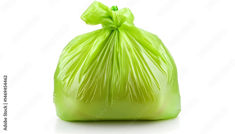 Green plastic garbage bag isolated on white