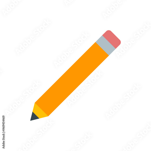 An image showing a diagonal yellow pencil with a pink eraser and a gray band on a white background