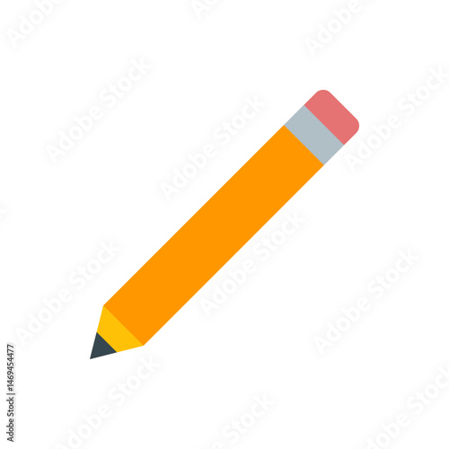 An image showing a diagonal yellow pencil with a pink eraser and a gray band on a white background