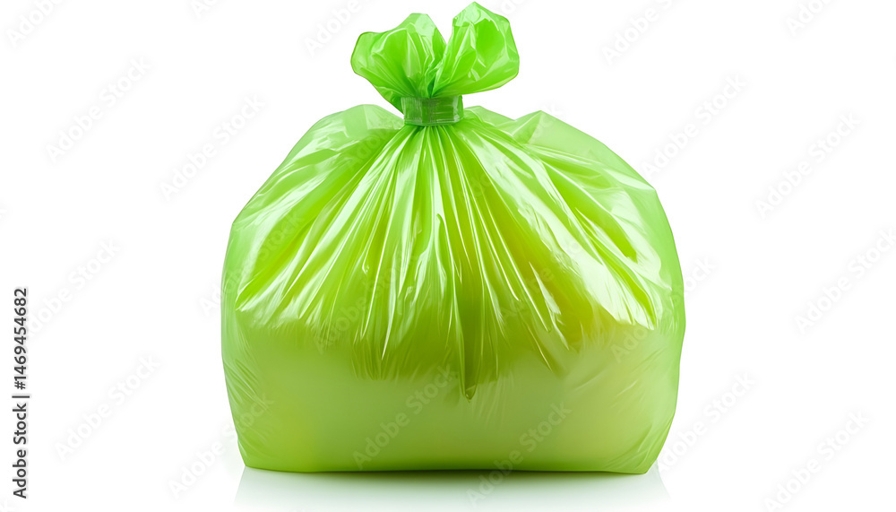 Green plastic garbage bag isolated on white