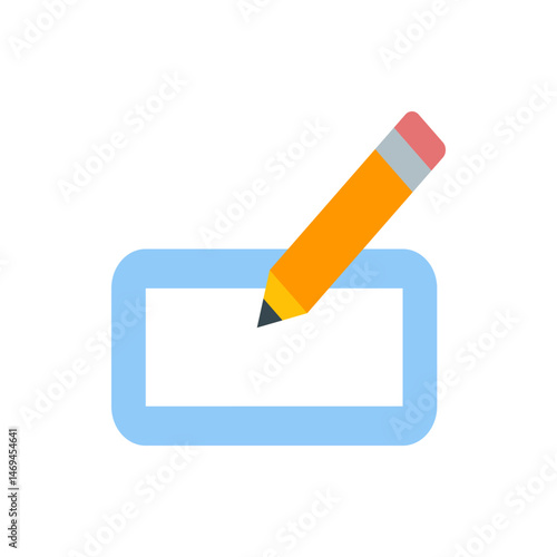 Illustration of a pencil writing on a rectangular notepad with rounded corners and a light blue outline