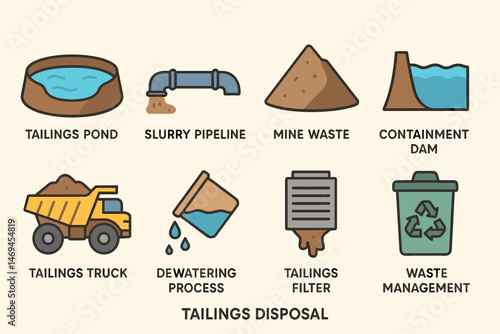 Waste management icons set – flat, filled, tailings disposal and recycling symbols