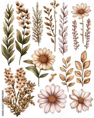 A collection of 15 hand-drawn floral illustrations in various shades of brown and white, featuring daisies, leaves, and sprigs