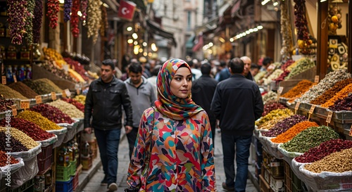 A woman in a colorful hijab walks through a bustling spice market, the vibrant colors of the spices and her clothing creating a stunning visual contrast.