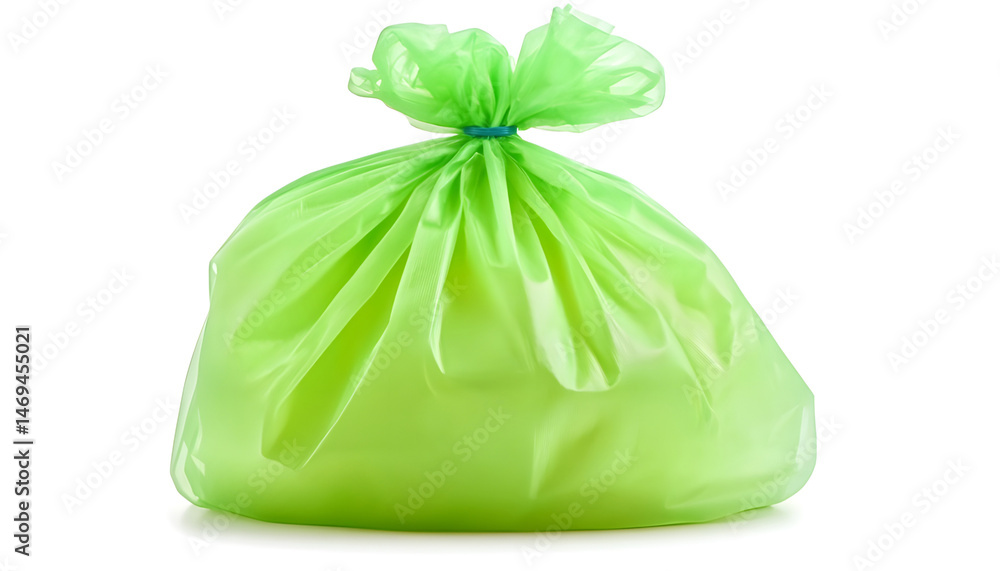 Green plastic garbage bag isolated on white