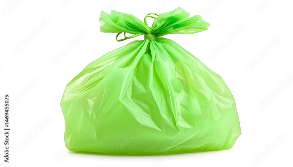 Green plastic garbage bag isolated on white