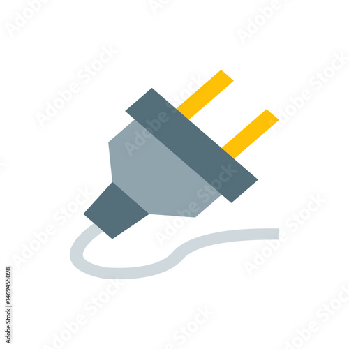 Illustration of a gray electrical plug with two yellow prongs and a white cord on a white background view