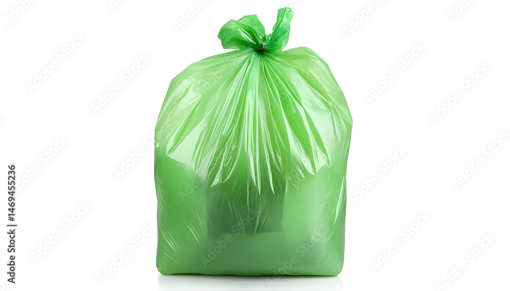 Green plastic garbage bag isolated on white