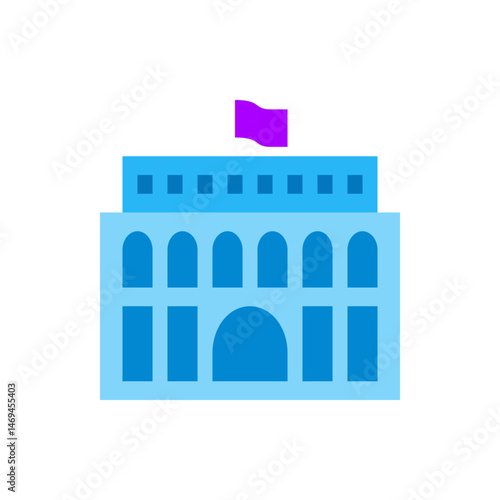 Illustration of a light blue building with arched windows and a purple flag waving on the roof top