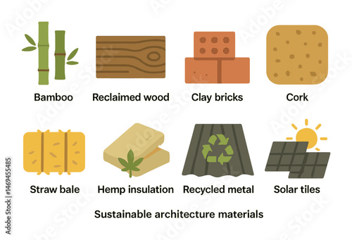 Building materials flat icons set – eco-friendly, sustainable, construction symbols
