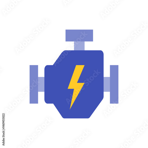 Illustration of a blue engine with a yellow lightning bolt indicating electric power and automotive concept