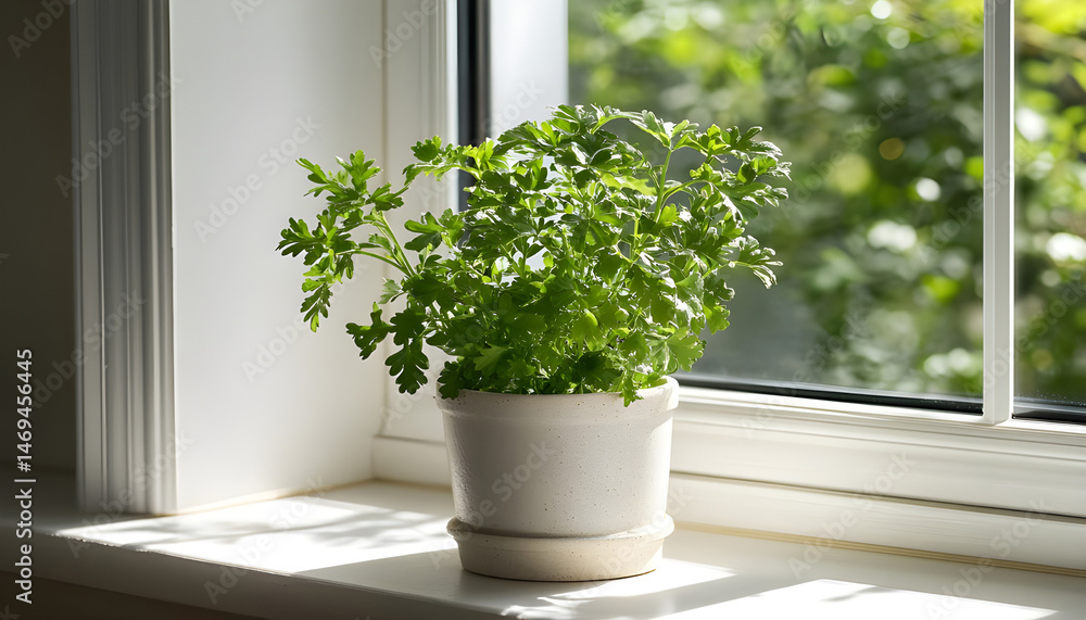Aromatic parsley growing in pot on window sill
