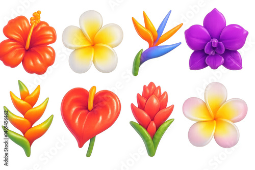 Vibrant tropical flowers icons set – hibiscus, plumeria, bird-of-paradise, orchid. 3D icon set