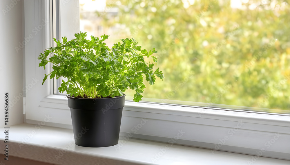 Aromatic parsley growing in pot on window sill