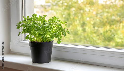 Obraz na płótnie Aromatic parsley growing in pot on window sill w salonie