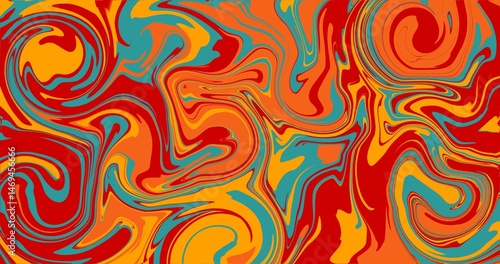 Vibrant fluid abstract background with swirling red, orange, yellow, and teal colors. Perfect for wallpapers, packaging, and creative projects.