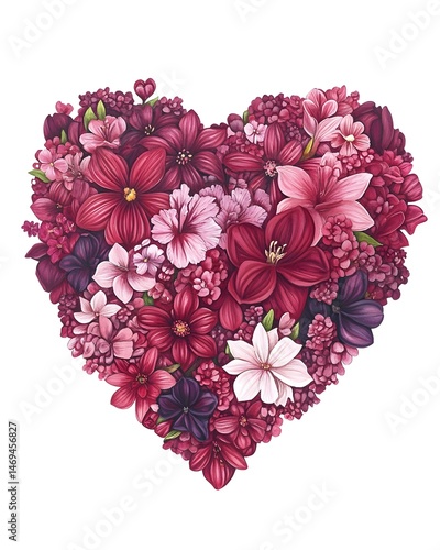 A heart-shaped arrangement of pink, red, and purple flowers