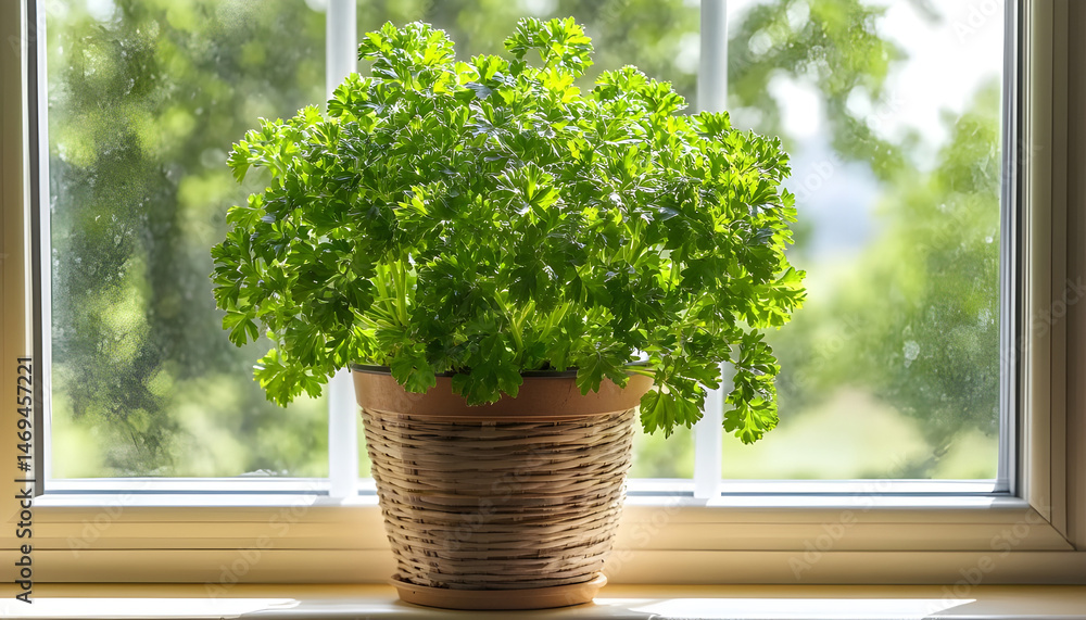 Aromatic parsley growing in pot on window sill