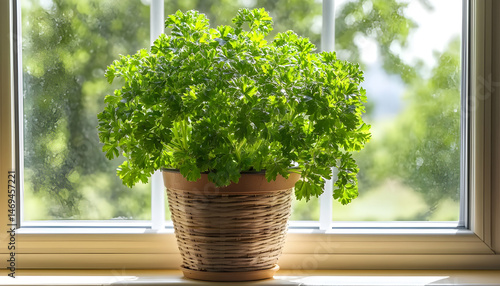 Obraz na płótnie Aromatic parsley growing in pot on window sill w salonie
