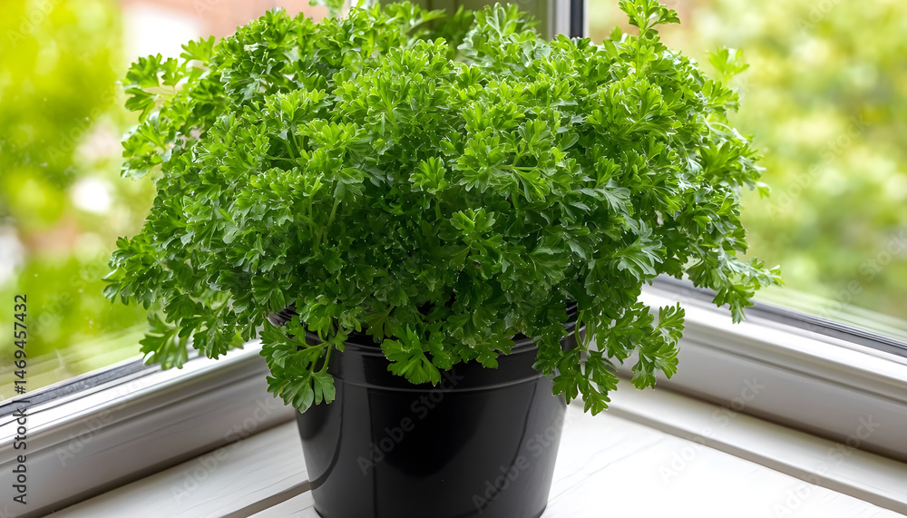 Aromatic parsley growing in pot on window sill