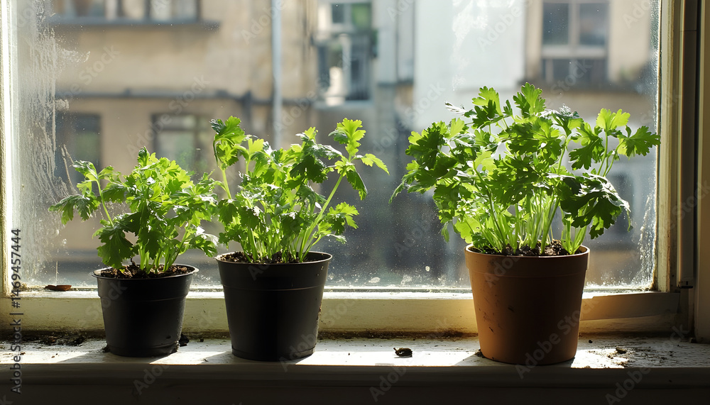 Aromatic parsley growing in pot on window sill