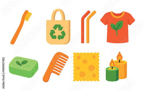 Eco-friendly lifestyle flat icons set – sustainable, green, reusable symbols