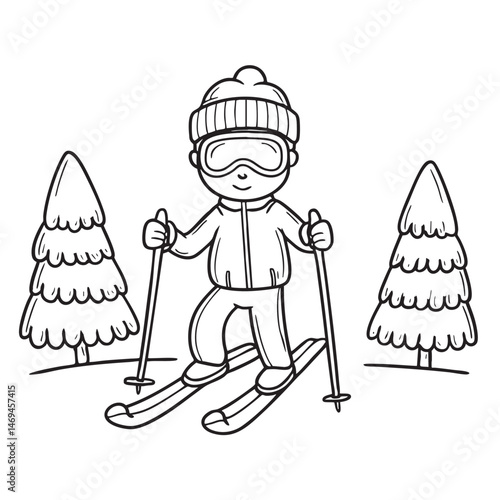 A skier wear beanie and goggle skiing downhill with spruce trees nearby