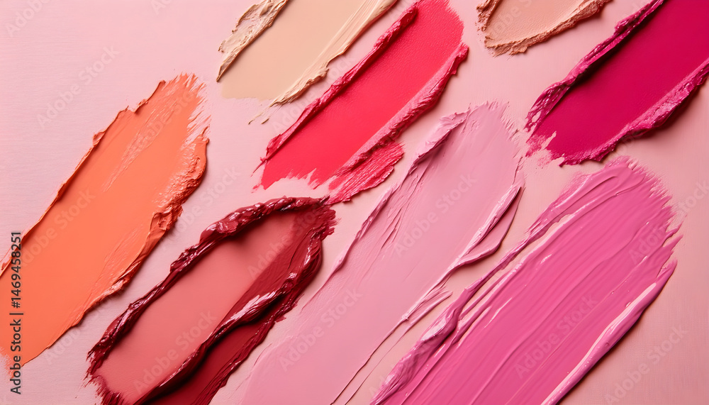 Smears of various cosmetics on a pink background, flat lay