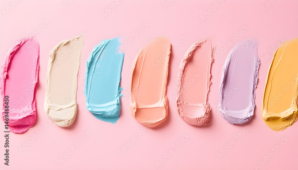Smears of various cosmetics on a pink background, flat lay
