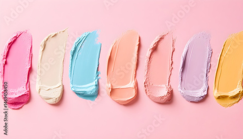 Obraz na płótnie Smears of various cosmetics on a pink background, flat lay w salonie