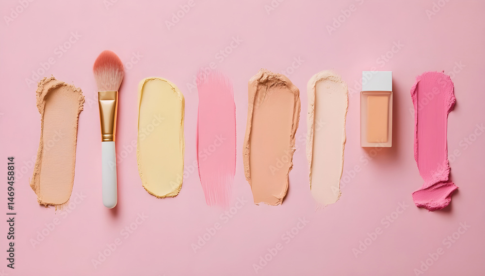 Smears of various cosmetics on a pink background, flat lay